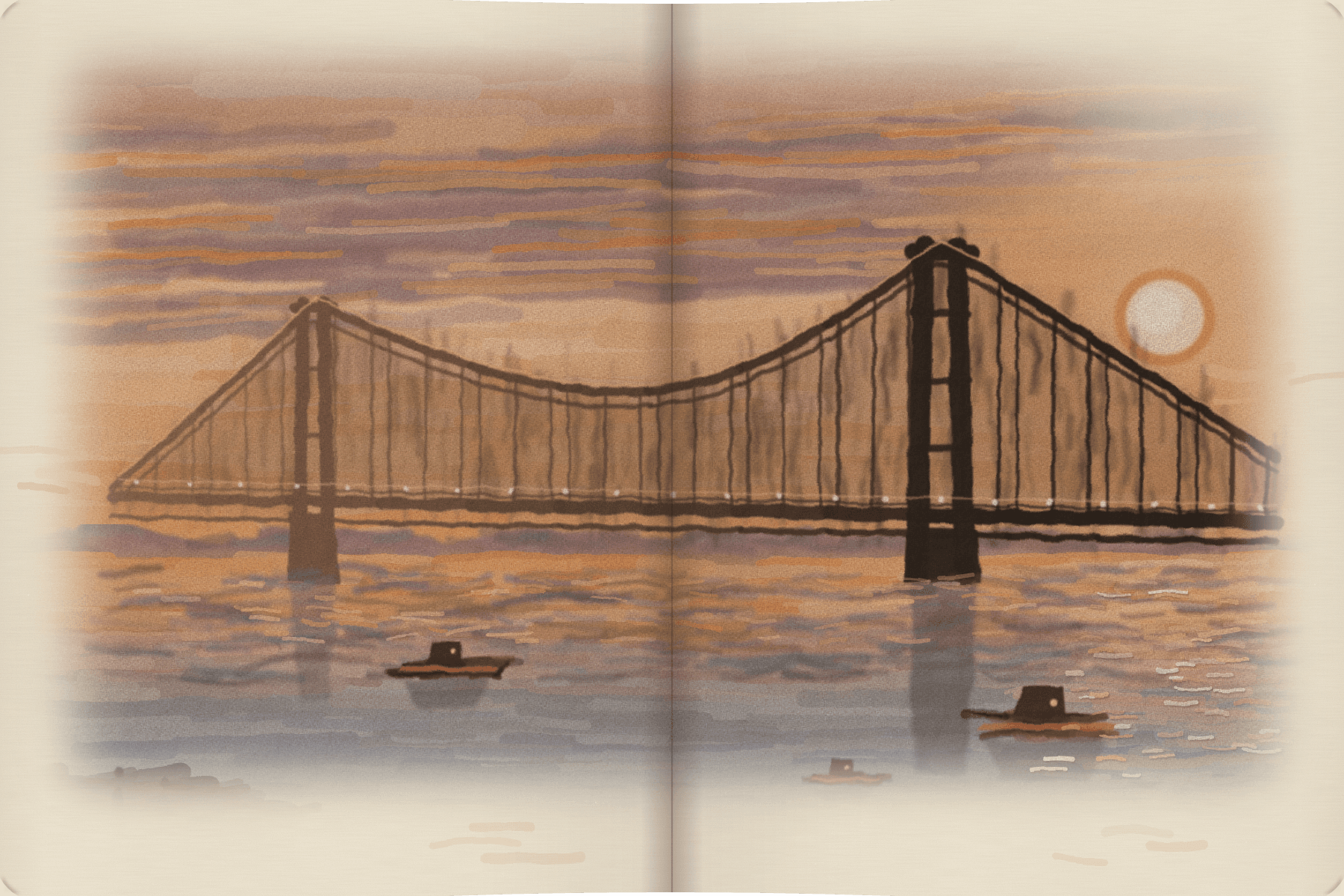 Oil painting of Howrah Bridge at dusk, its near tower dark against a low amber sun, boats on the Hooghly below.